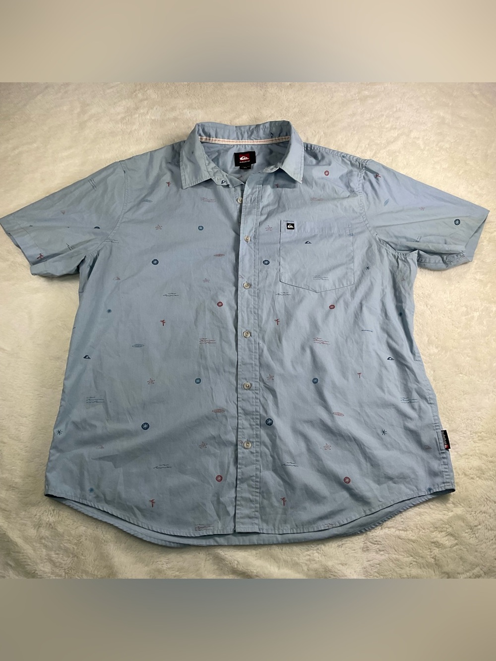 Quiksilver Men’s Button Front Shirt Blue Short Sleeve Printed Pocket Casual Sz L